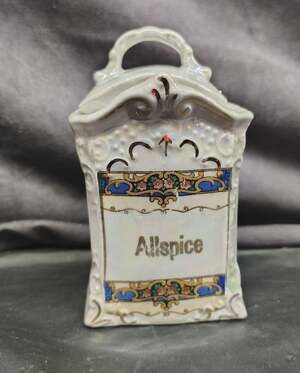 ANTIQUE GERMAN LUSTREWARE ALLSPICE SPICE JAR GOLD TRIM OPALESCENT PORCELAIN